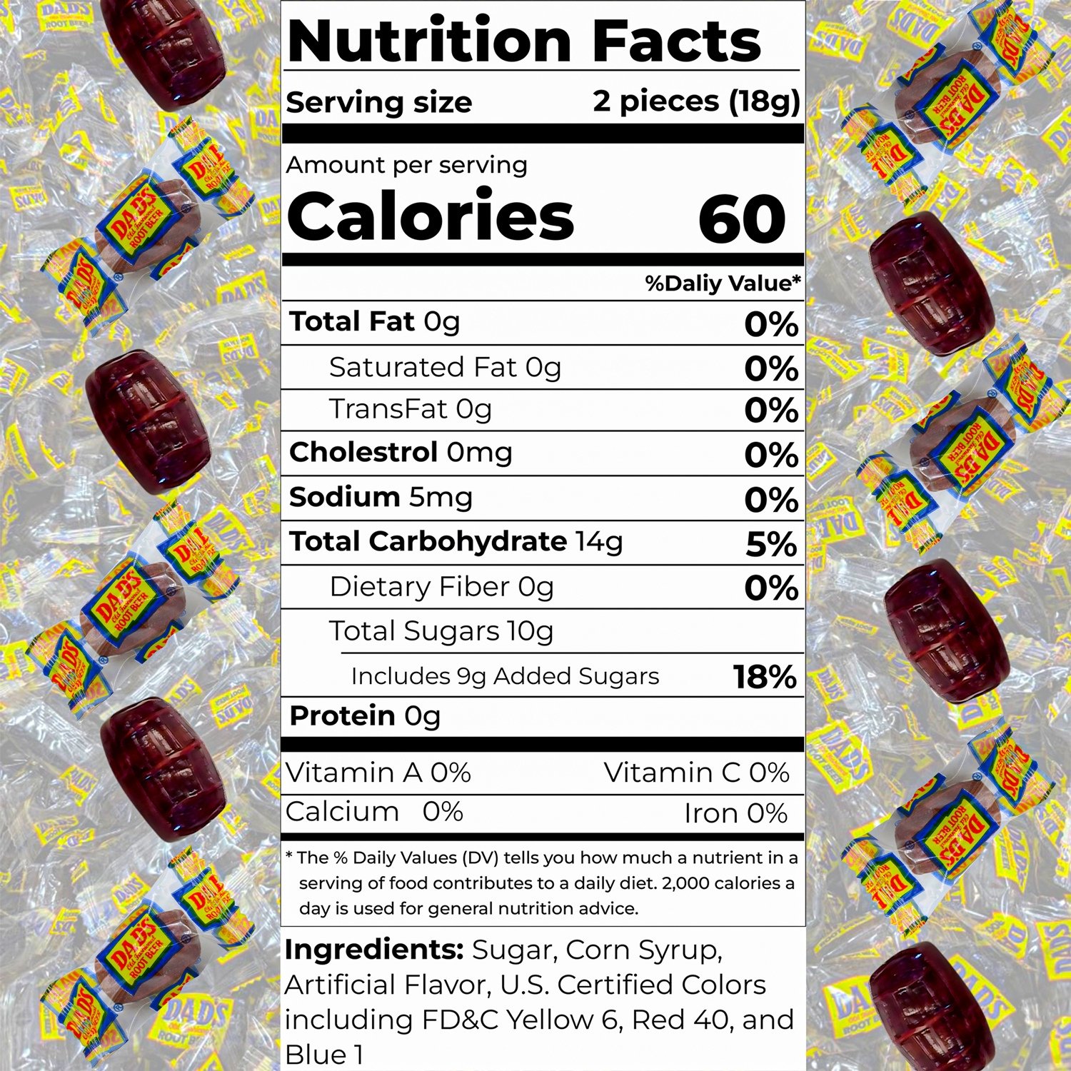 Dads Root Beer Barrels hard candy pack, individually wrapped candy pack Rootbeer Barrels with Complimentary Smart Recipe Card - YOURSMARTSTORE Nutrition Fact Listing Last Image