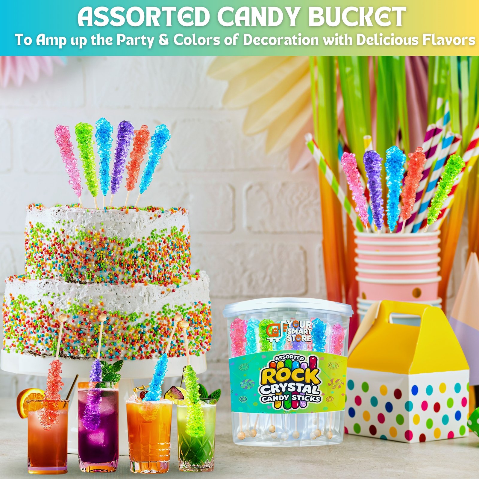 Daily Life Style and Party Use Candy-36 Assorted Crystal Candy Sticks Individually Wrapped in Deli Container Bucket For Kids and Adult-YOURSMARTSTORE