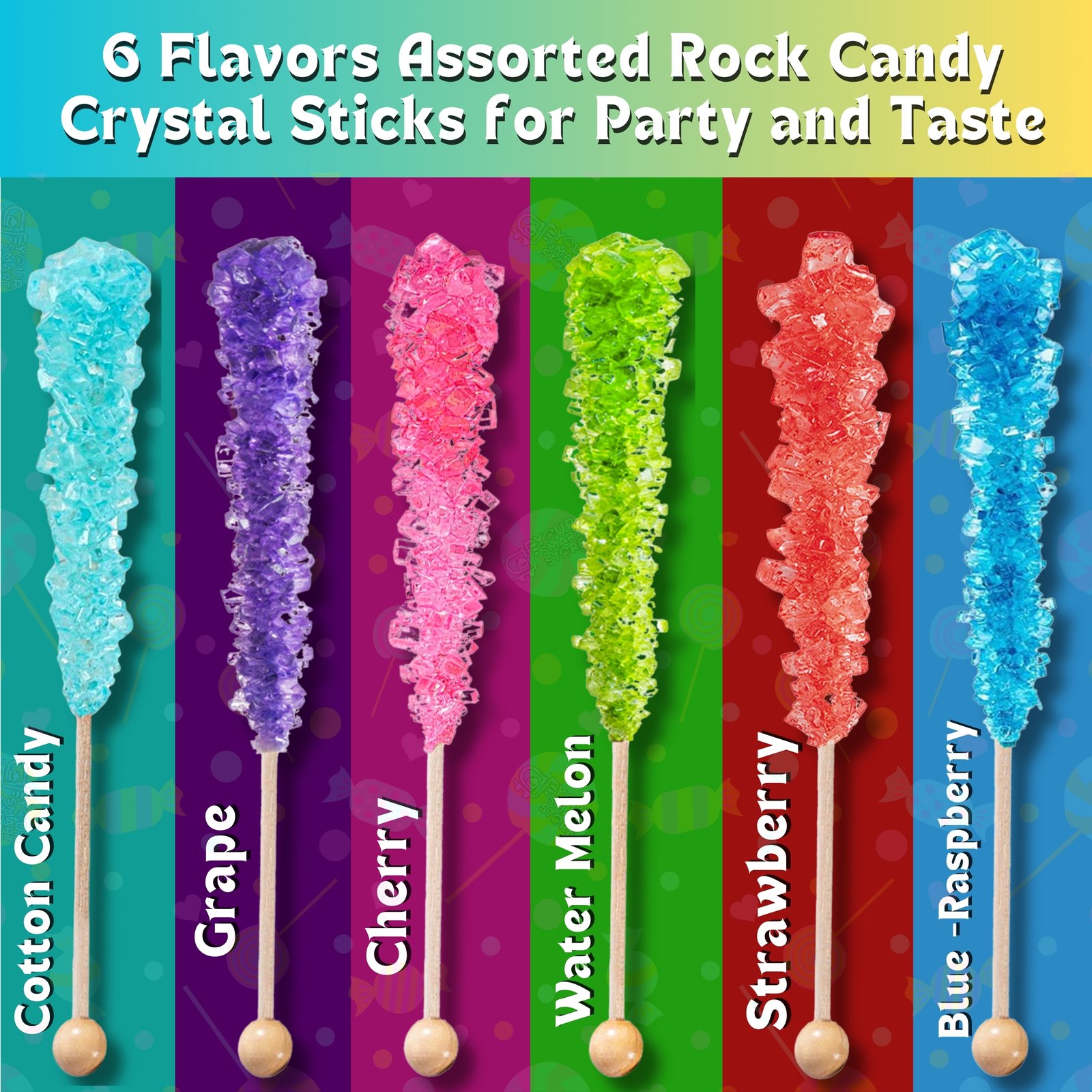 Flavour and Color of Crystal Rock Candy Stick-36 Assorted Crystal Candy Sticks - Large Bulk Rock Candy stick Individually Wrapped Crystal Hard Candy Variety-YOURSMARTSTORE