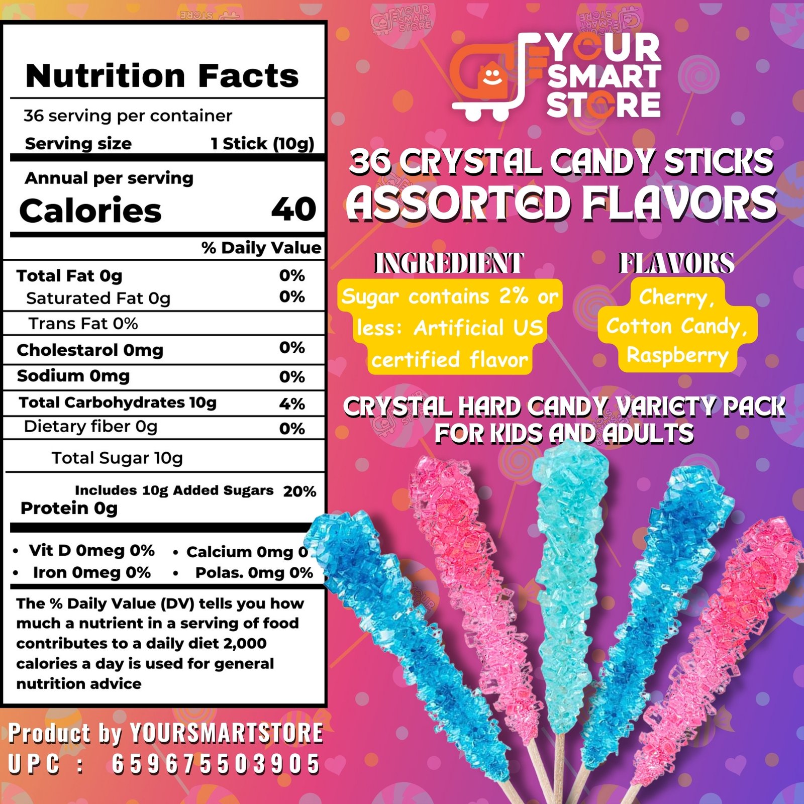 yoursmartstore-Nutrition-fact-of-36-colorful-assorted-rock-crystal-candy-pack-large-assorted-rock-candy-sticks-crystaline-sticks-individually-wrapped-in-3-flavors