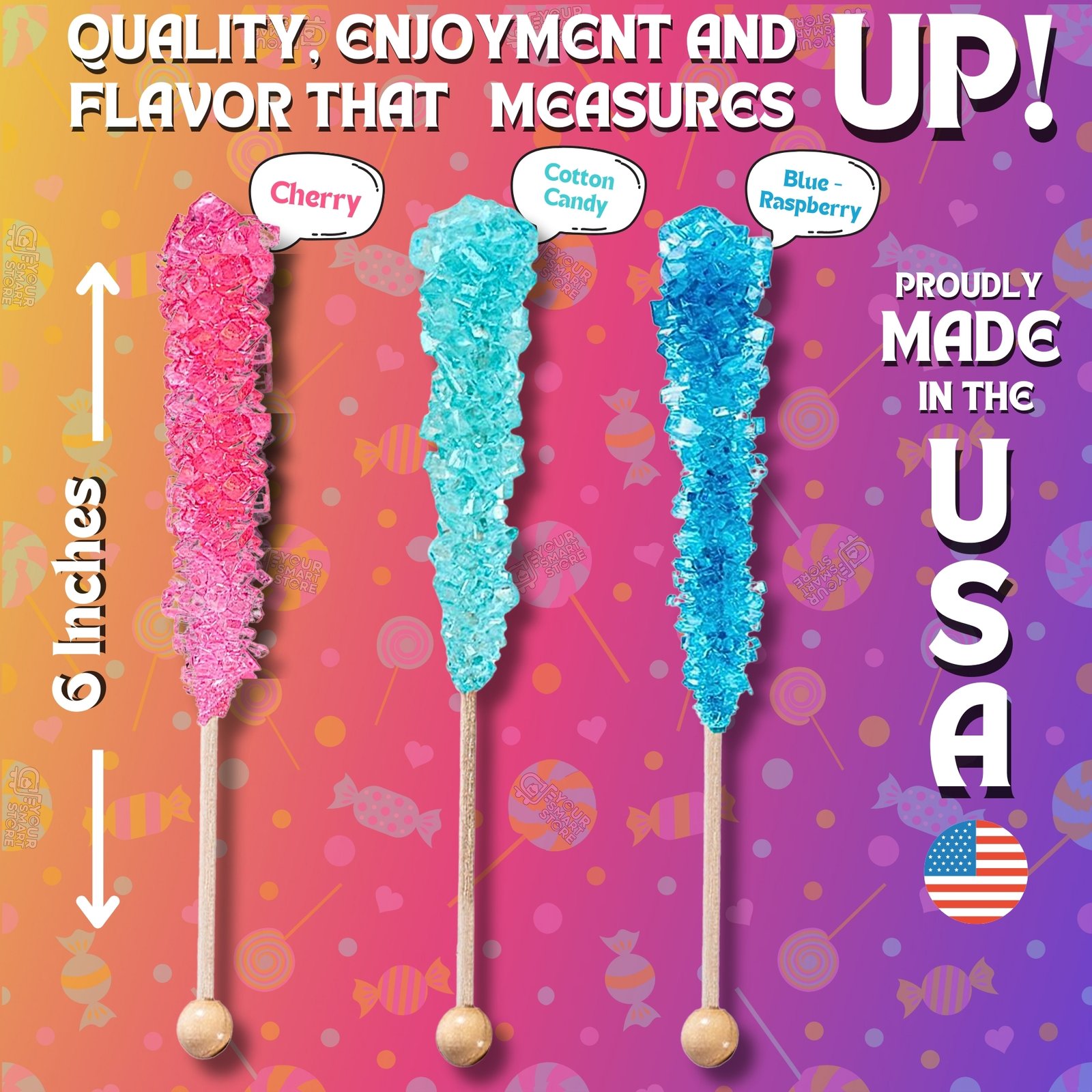 yoursmartstore-size-and-flavor-detail-image-36-colorful-assorted-rock-crystal-candy-pack-large-assorted-rock-candy-sticks-crystaline-sticks-individually-wrapped-in-3-flavors-made-in-usa-candy